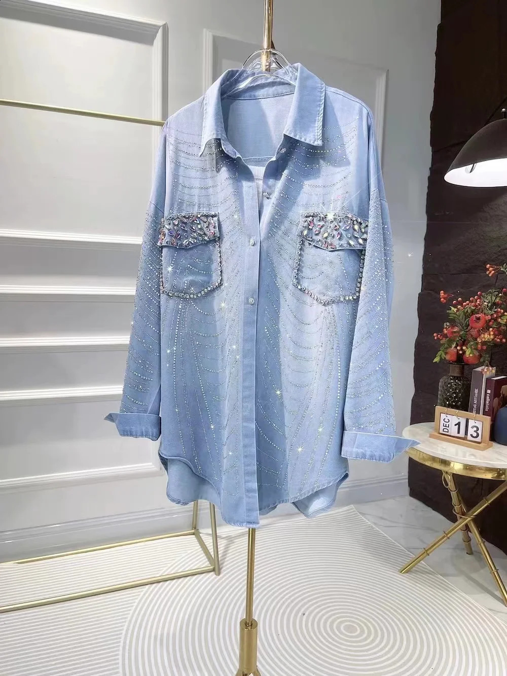 In Autumn Trend Fashionable Drilling Denim Coat Womens Loose Casual Jeans Jacket Woman Clothes 250703