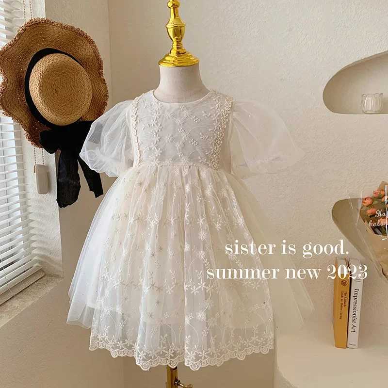 Korean Style New Summer Princess Dress Round Collar Short Sleeves Solid Color Dresses with Lace Children Clothing E23023 R250707