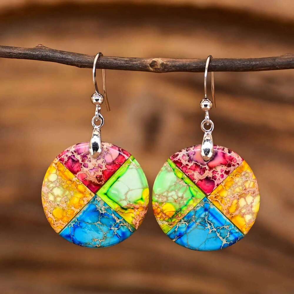 Round Imperial Hanging Bohemian Elegant Mixed Color Stone Earrings