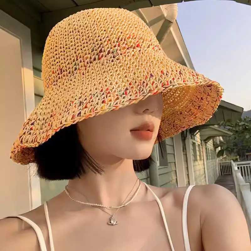 Rainbow Woven Womens Sunscreen Hat Summer Japanese Straw Hat Protective Fashion Breathable Hollow Beach Sun Hat Y250707