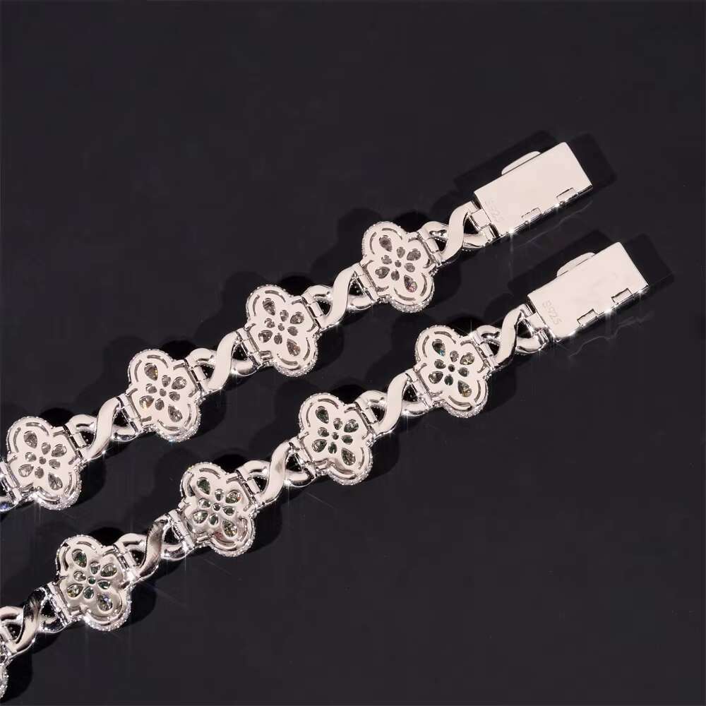 Hip Hop 925 Sliver Clover Shape Design Iced Out VVS Moissanite Diamond Cuban Link Chain Bracelet Jewelry for Mens