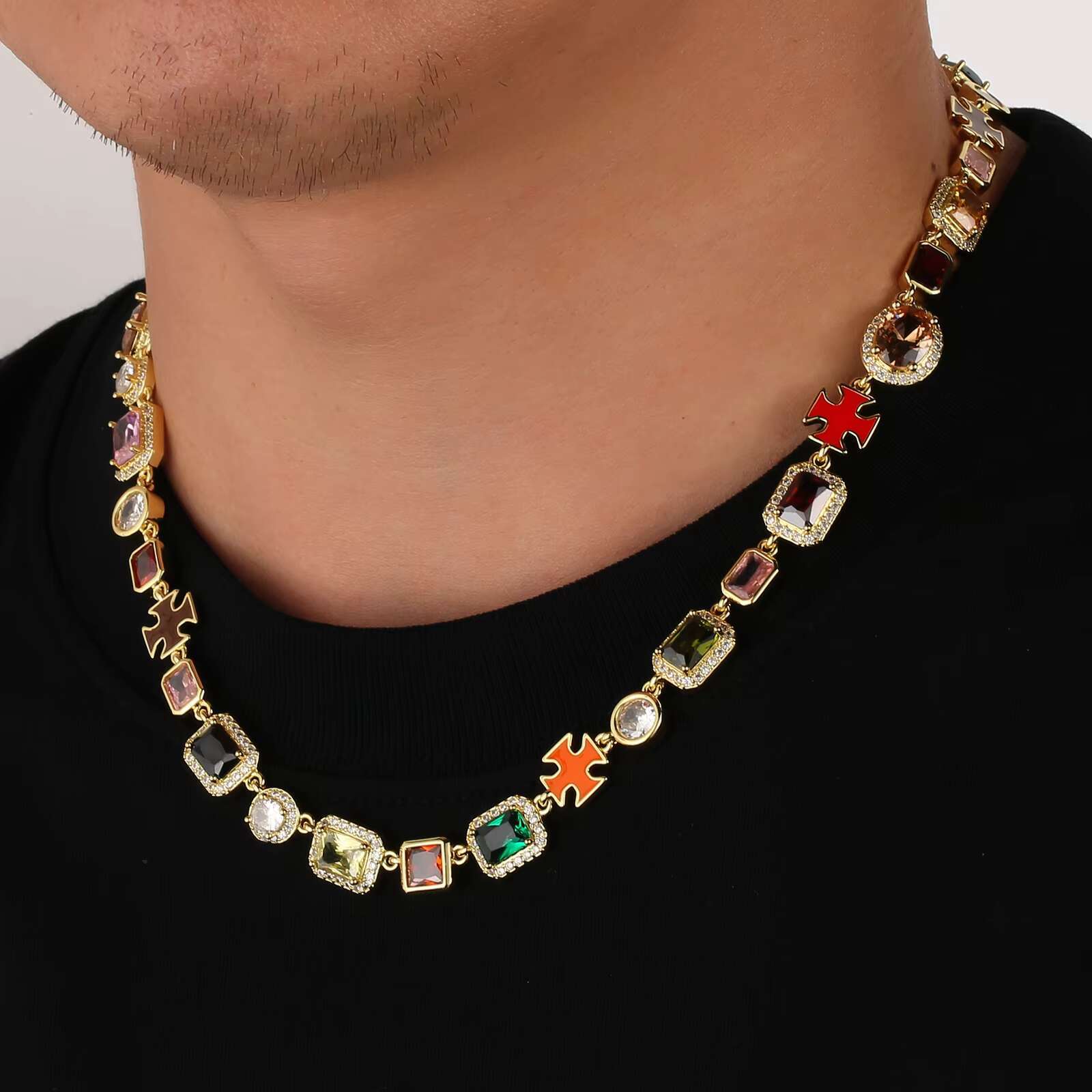 10MM Multi Color Stone Necklace Men Women Hip Hop Jewelry Gemstone Red Blue Black CZ Adjustable Chain Colorful Zirconia Necklace