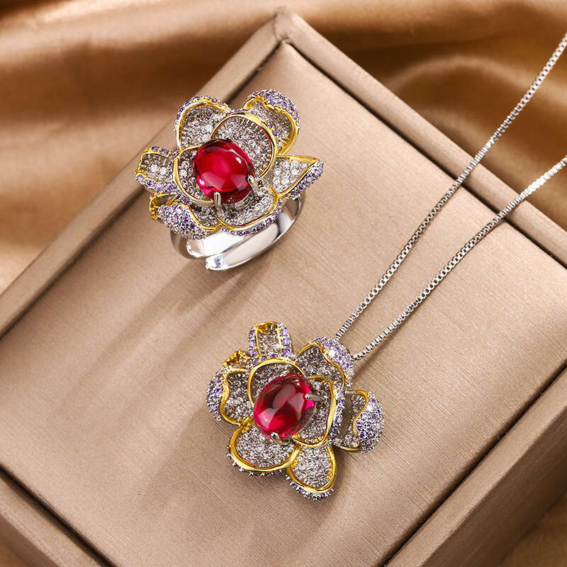 Jewelry New Set Necklace Ring Pigeon Blood Red High-End Sense Temperament Rose Flower Women's Eca