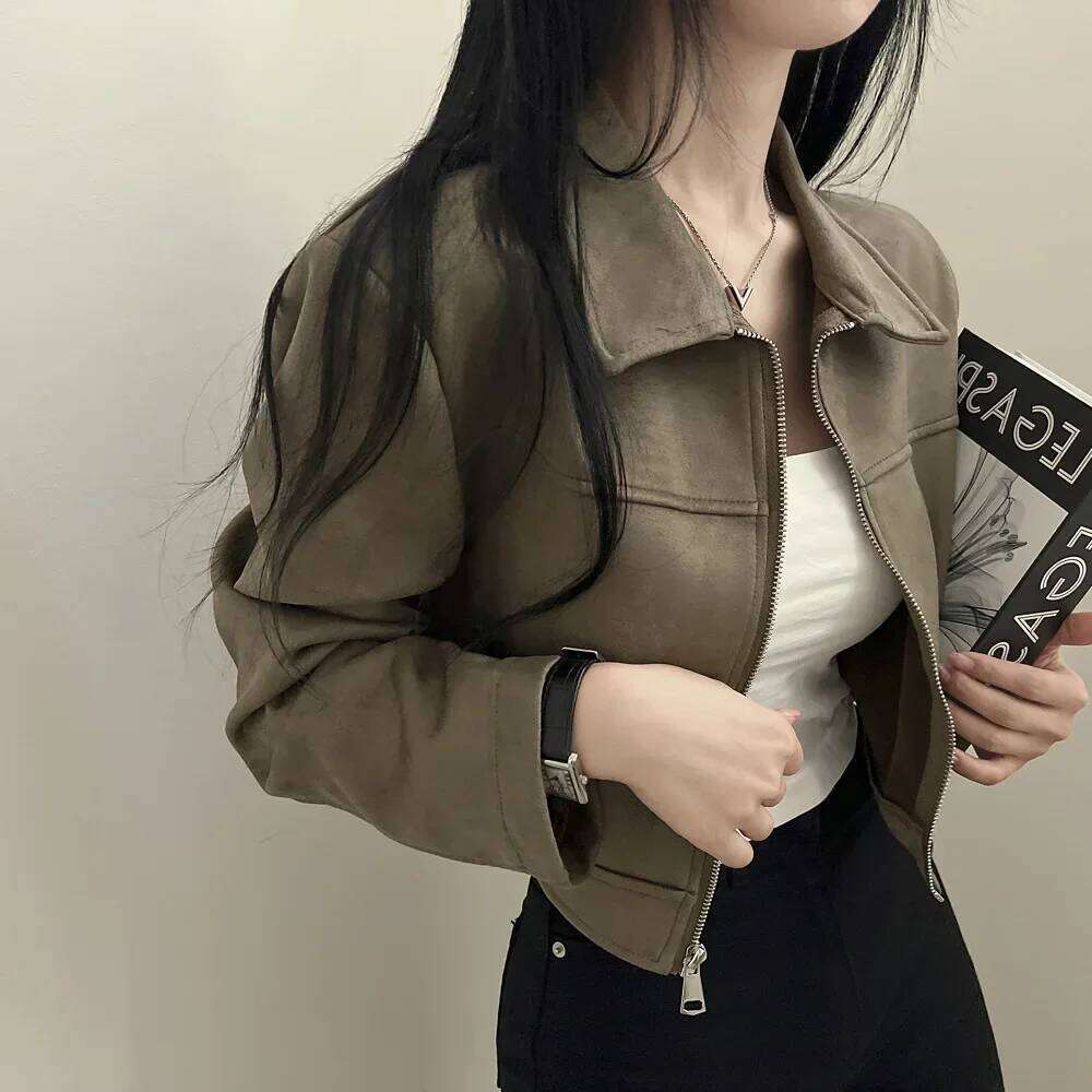 ChicAutumn Korean Style Vintage Simple Slimming Versatile Zippered Lapel Chamois Leather Fluffy Short Jacket For Women