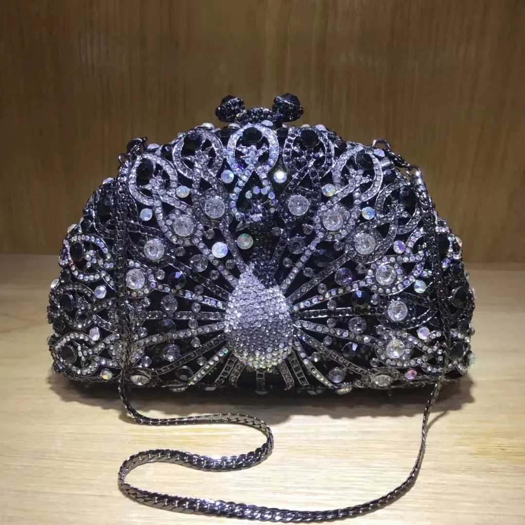 XIYUAN Woman Peacock Hollow Crystal Evening Bag Multicolored Diamond Bridal Animal Clutch Purse Wedding Cocktail Party Handbag