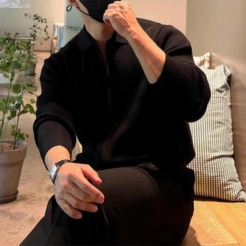 Mens Polo Neck Zipper Knit Pullover Sweater Casual Fashion Solid Color Long Sleeve Streetwear Retro Knitwear 250703