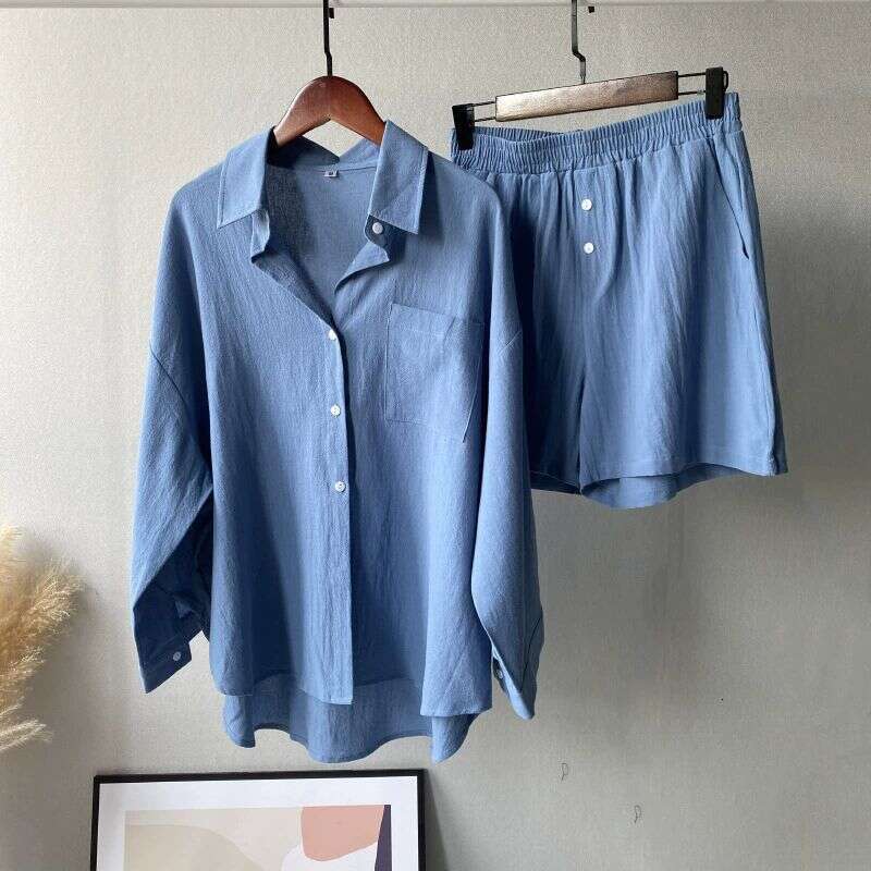Cotton And Linen Solid Color Shirt Two-Piece Set Plus Size Top Shorts New Fashion Women's Outfit B5