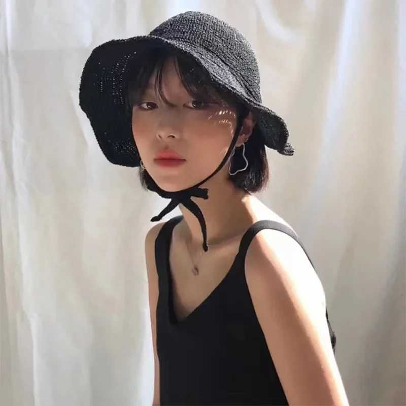 Japanese Cute Strap Loli Caps for Women Spring Summer Travel Versatile Sunscreen Fashion Wide Brim Show Face Small Bucket Hat Y250707