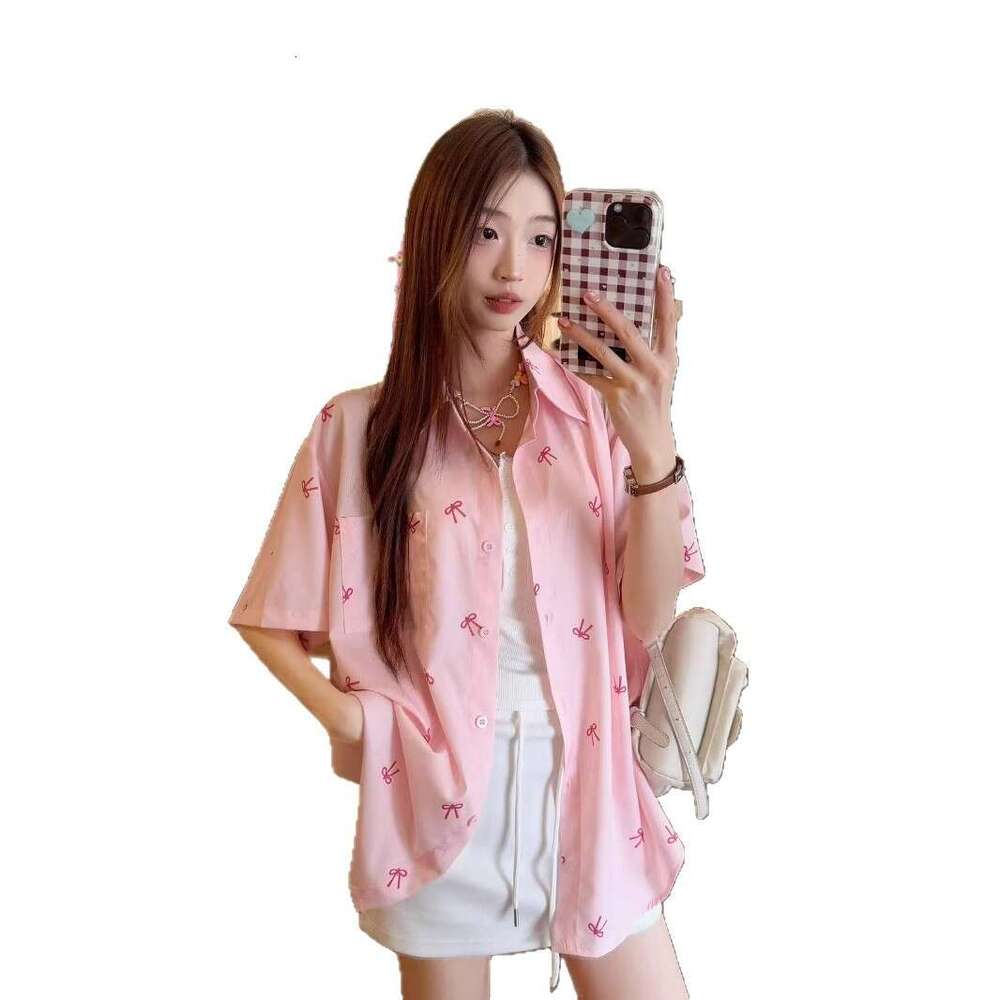 Pink Printed Bow Short Sleeve For Women Summer Sweet Design Sense Niche Stylish Thin Shirt Jacket B5