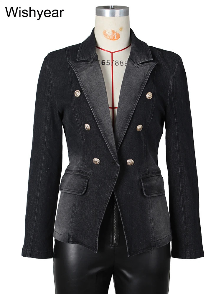 Fashion Notched Collar Long Sleeve Double Breasted Denim Coats for Women Slim Jeans Jacket Casual Streetwear Female Blazer Tops 250703