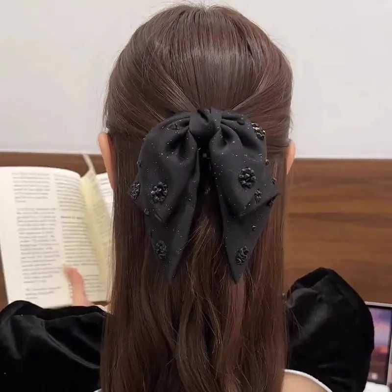 Elegant Black Rhinestone Double Layered Bow Hair Claw For Women Sweet Hair Ornament Heradband Hair Clip Fashion Hair Accessories Z250707