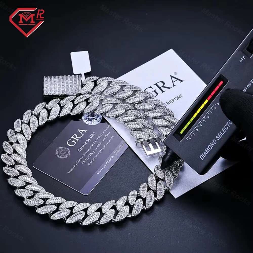 Hiphop 20MM Cuban Link Chain 925 Sterling Silver Iced Out VVS Baguette Moissanite Cuban Chain