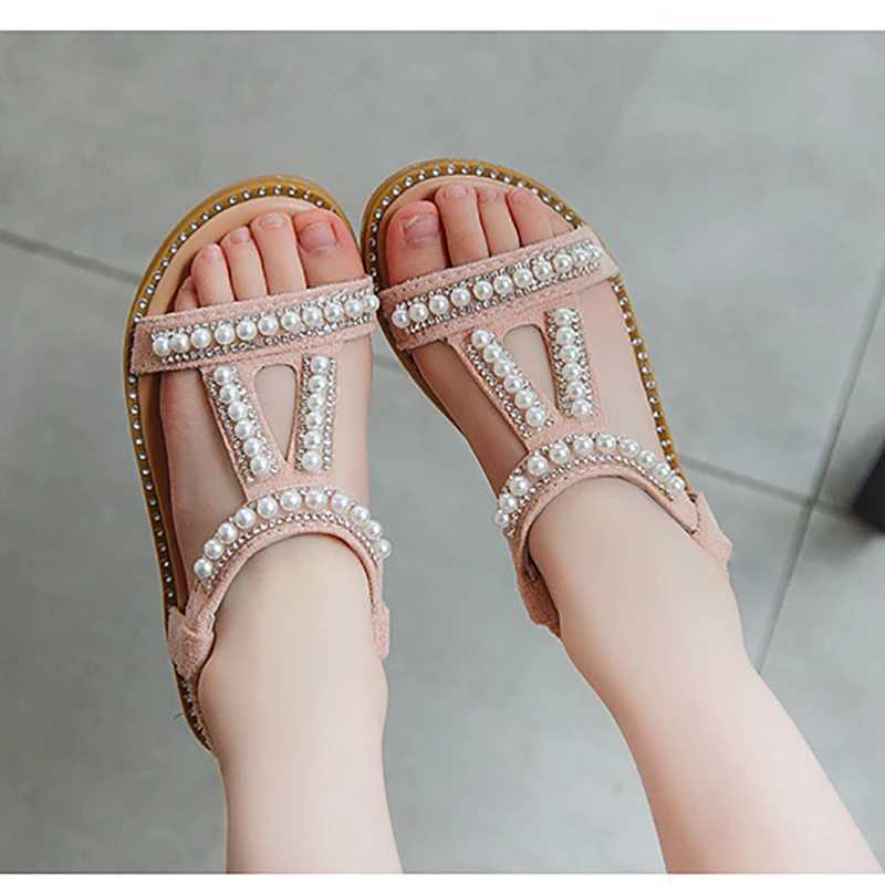 Girls Sandals Kids Summer Roman Shoes 2022 Elegant Pearl Rhinestone Party Princess Shoe Flats Non-slip Casual Girl Beach Sandal R250707