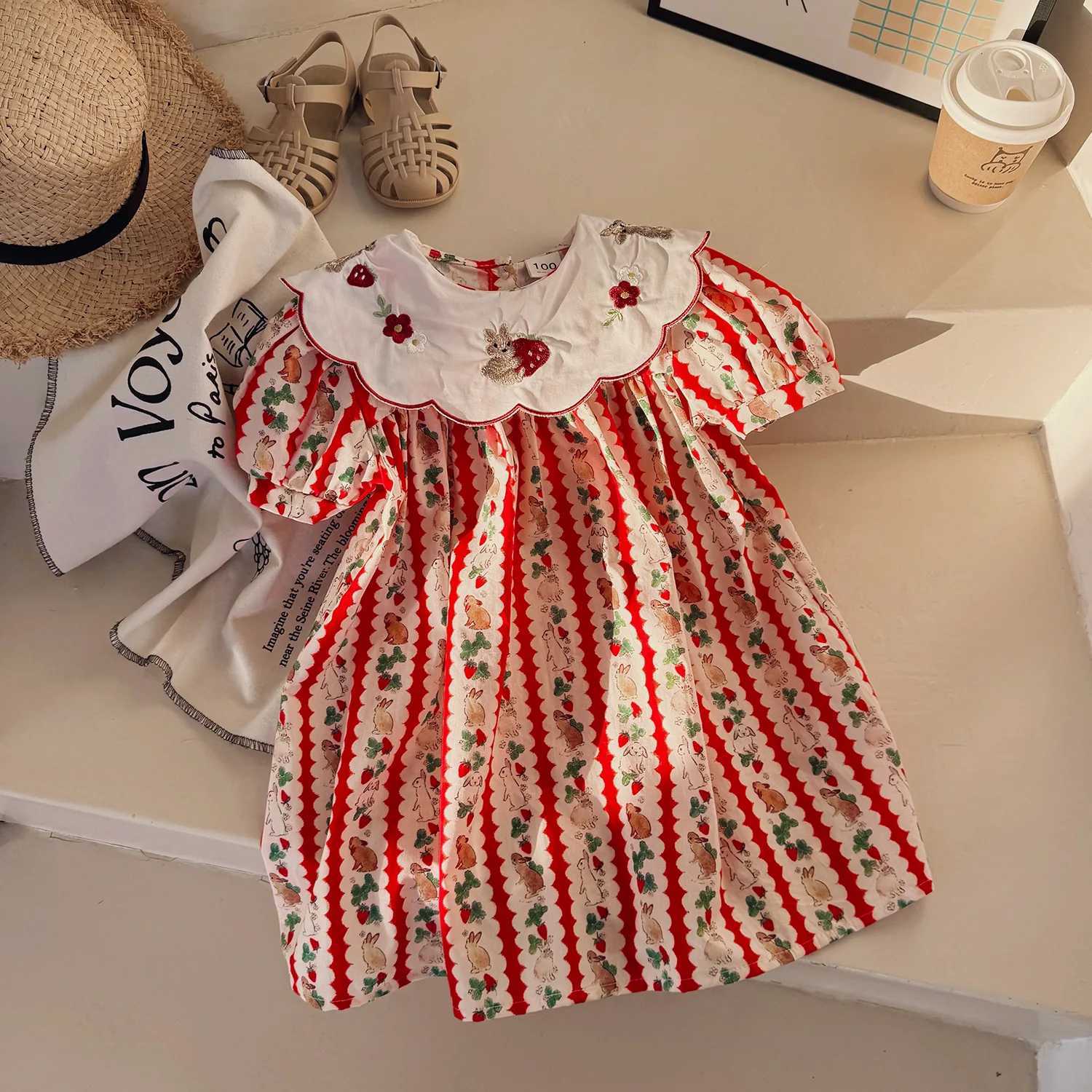 2025 Summer New Flower Collar Rabbit Embroidered Girls Dress with Bubble Sleeves Sweet Childrens Princess Skirt Korean Edition R250707