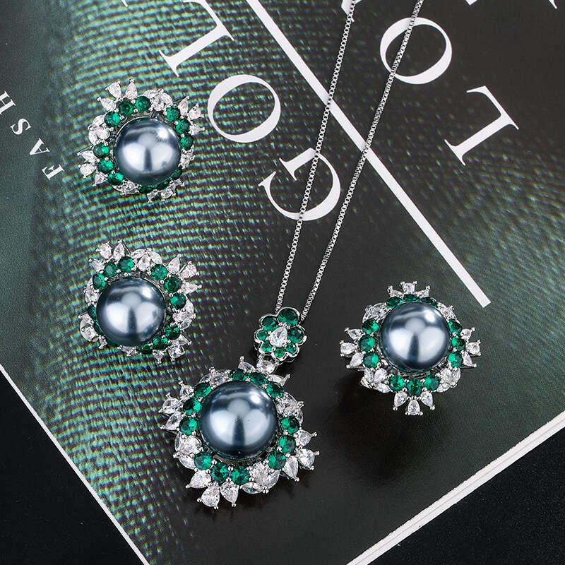 Emerald Jewelry Palace Style New Colorful Set Gray Pearl Sier Needle Earrings Ring Necklace F08