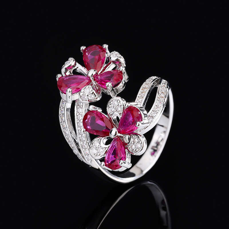 New Tiktok Ring Zircon Gemstone Red Corundum Flower Exaggerated Inlaid Open Women Bdf