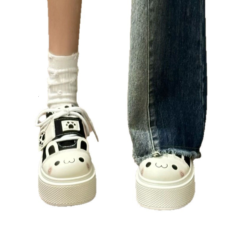 Black Cute Bunny Girl Style Designer Skateboard for Women, Thick Sole Comfortable Height Increasing Shoes, Non-Slip Wear-Resistant Casual Shoes
