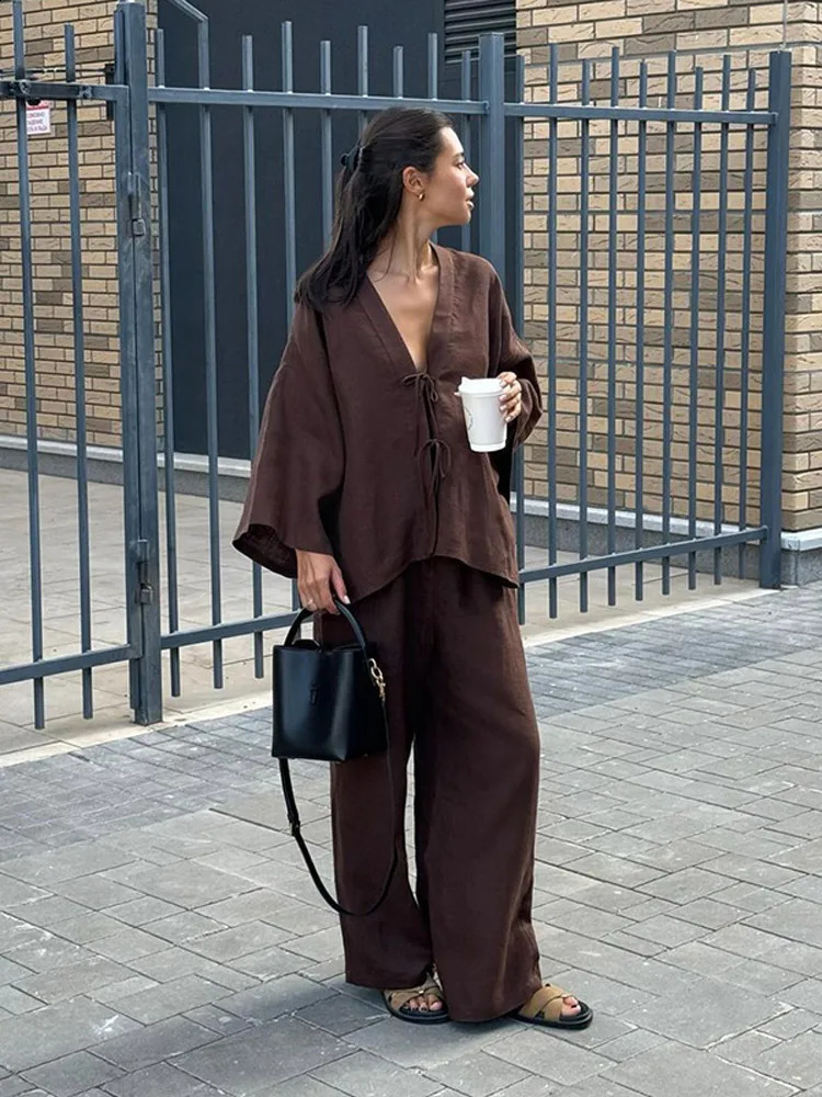 Summer Brown Cotton Linen Loose Pants Sets Fashion V-neck Lace Up Long Sleeve Shirt Suit 2025 Womens Casual 2 Piece Outfits 250703