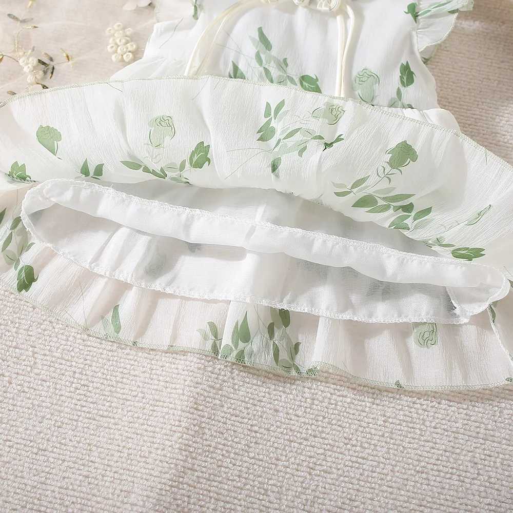Summer New Girl Baby Dress Hand-painted Green Light and Thin Mesh Flower Small Flying Sleeves Chinese Sweet Princess Dress R250707