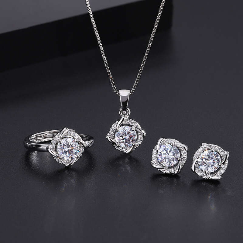 Jewelry Three-Piece Set S Sier Needle Imitation White Green Dia Earrings Ring Pendant Necklace D63