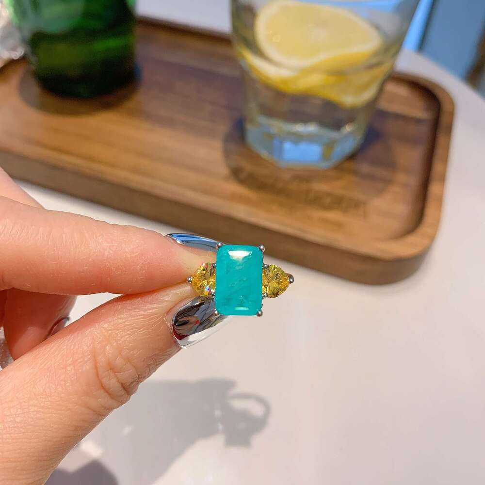 New Style Socialite Micro Pave Square Shape Large Zircon Ring Imitation Paraiba Color Jewelry 6E7
