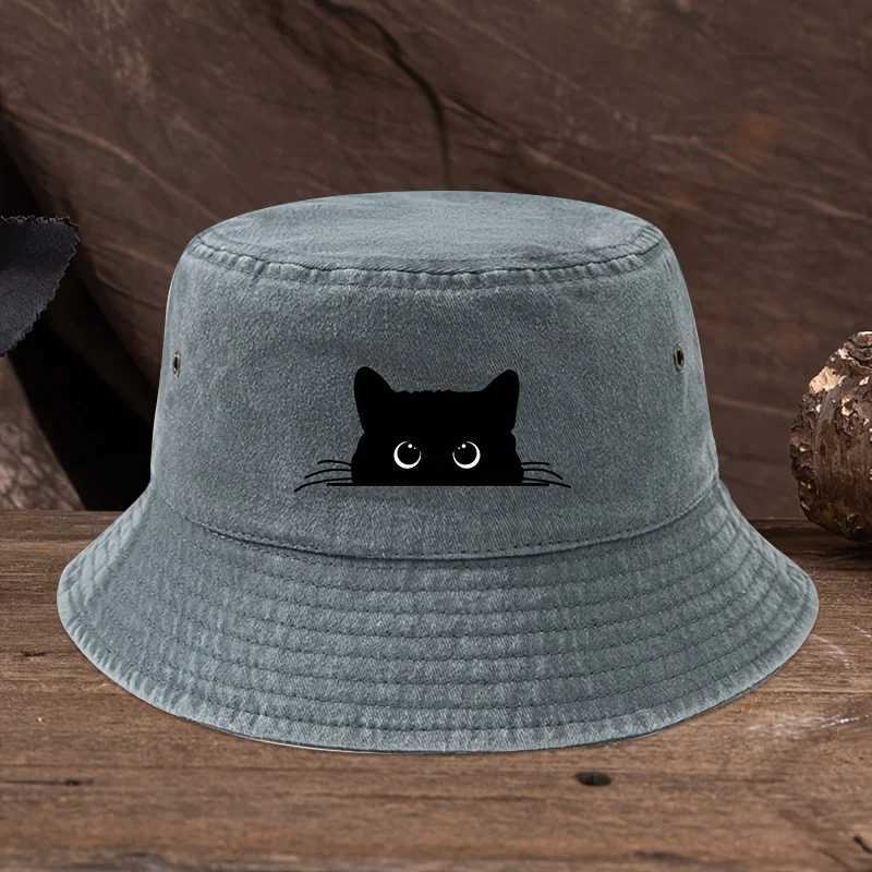 Tsute Black Cat Print Pattern Fisherman Hat With Vintage Style Suitable for Outdoor Travel for Men and Women Y250707