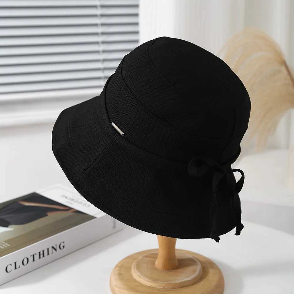 Korean Style Bow Plaid Womens Bucket Hat Foldable Fisherman Cap Spring Summer Sunshade Retro Fashion Simple Cloth Lady Hat New Y250707