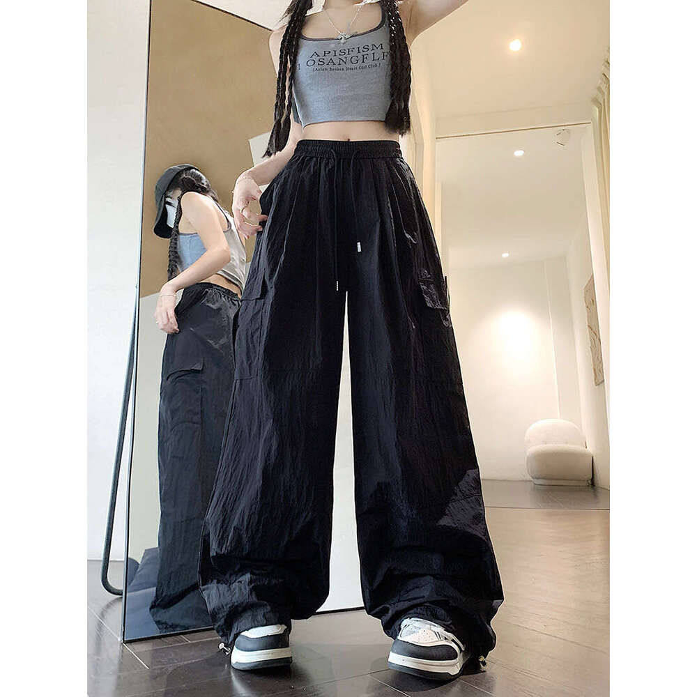Plus Size American Style Cargo Wide-Leg For Women, Summer Thin Loose Slimming Drawstring Quick-Dry Casual Sports Straight Pants Trendy B5