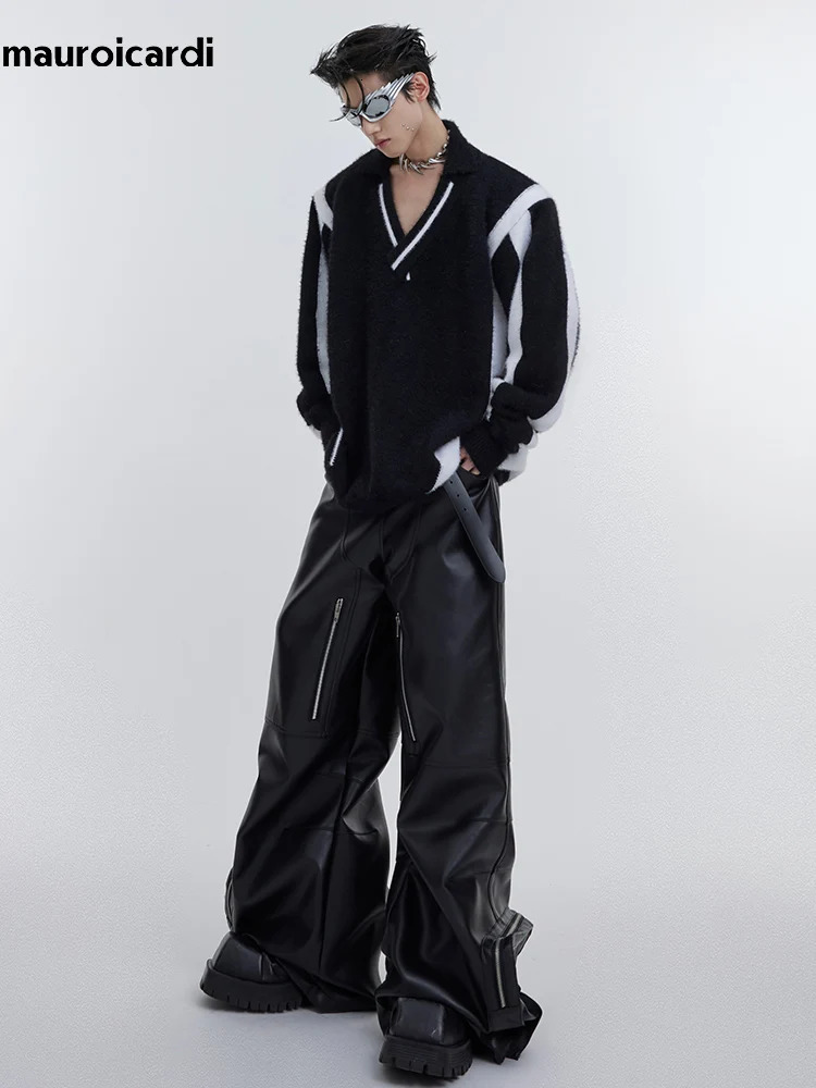 Mauroicardi Autumn Long Black Baggy Pu Leather Wide Leg Cargo Pants for Men Threedimensional Pockets Clothes 250704