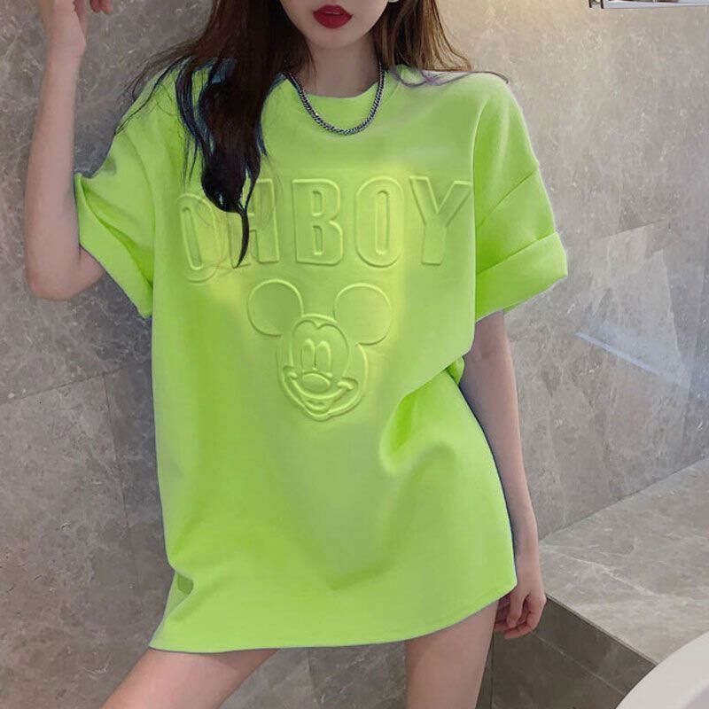 Plus Size Embossed Cartoon Mickey Short T-Shirt For Women Summer Mid-Length Loose Trendy Brand Half Sleeve Top B5