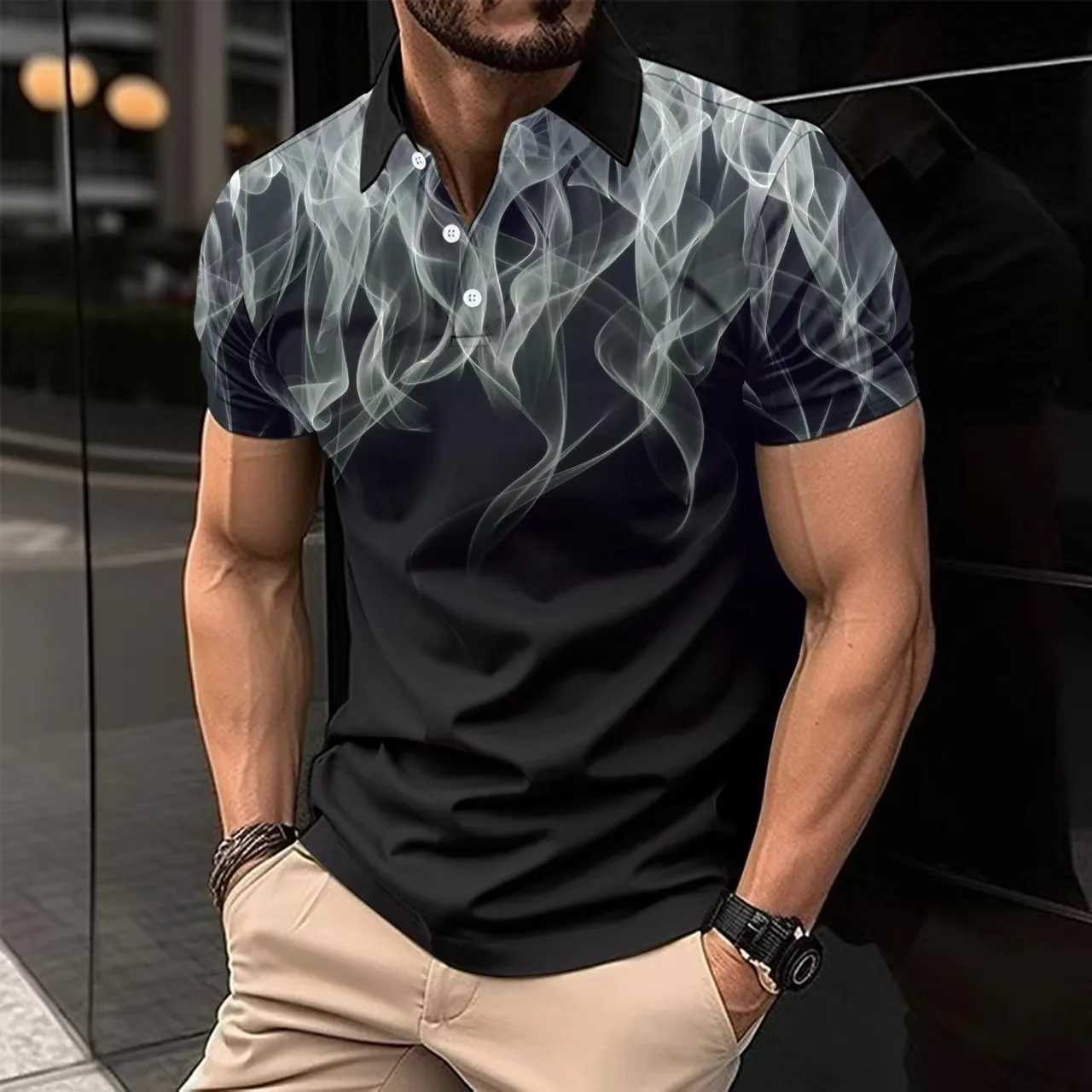 Summer Men Clothes 3D Digital Print Flame Short Sleeve Polo Shirt Men Casual Fashion Lapel Golf Polo Shirt Tops High Elasticity Y250707 Y250707