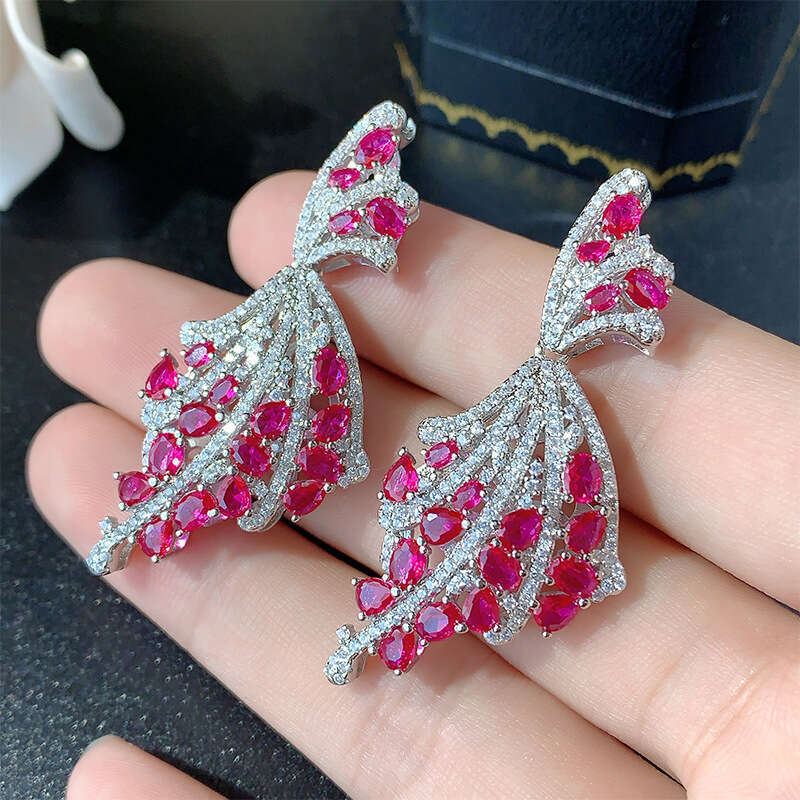 Autumn Winter New Fashion Fan-Shaped Flower Red Corundum Micro-Inlaid Zircon Earrings For Women Wholesale 472