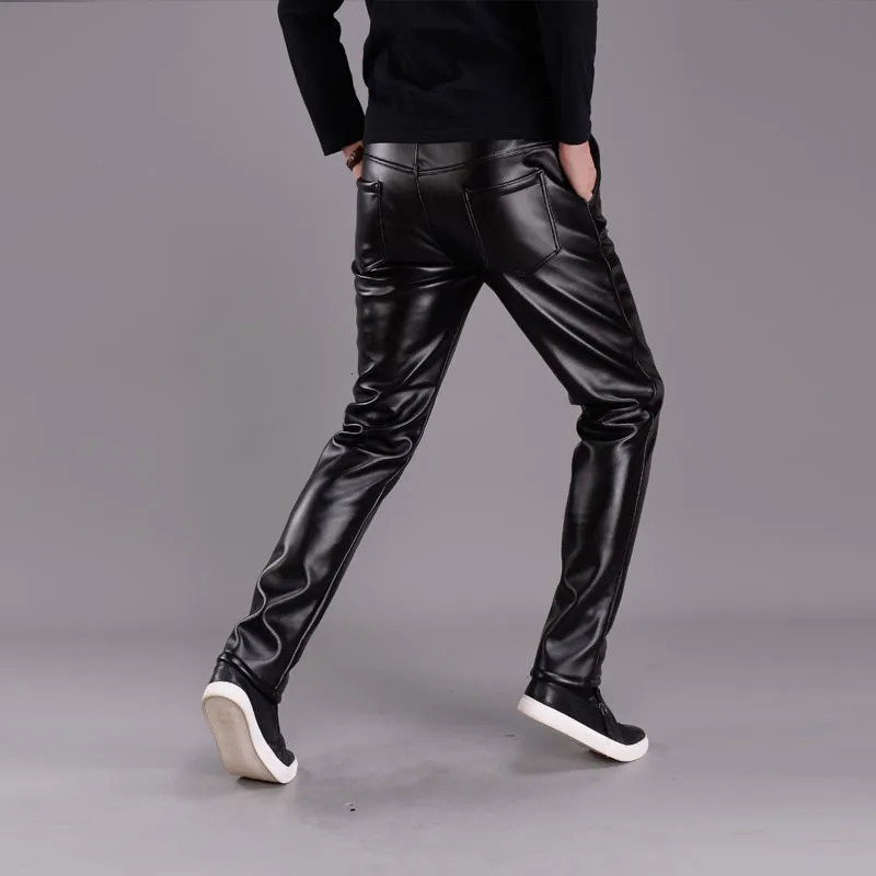 Mens Leather Pants Elastic High Waist Casual PU Trousers Korean Fashion Skinny Male Motorcycle Waterproof 250704