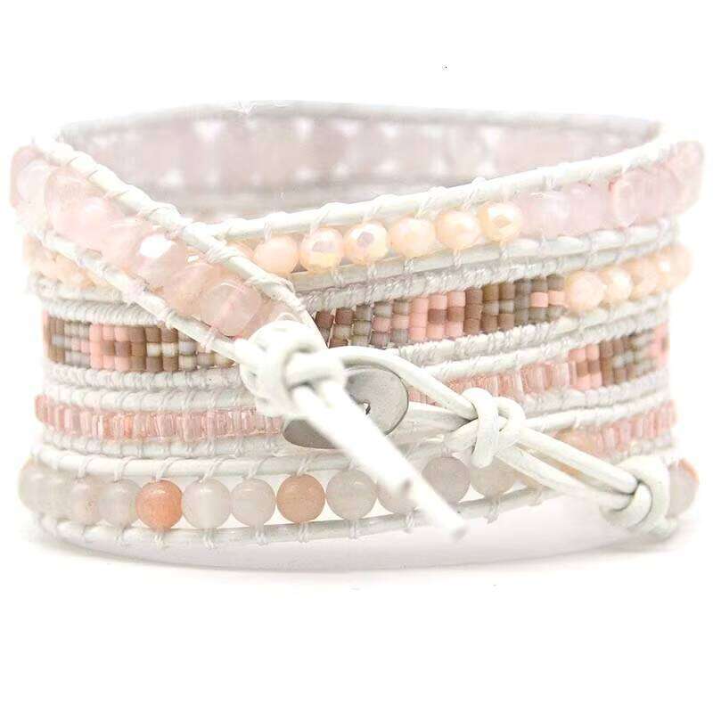 Bohemian Woven Fully Handmade Miyuki Seed Beads Rose Quartz Leather Bracelet Jewelry
