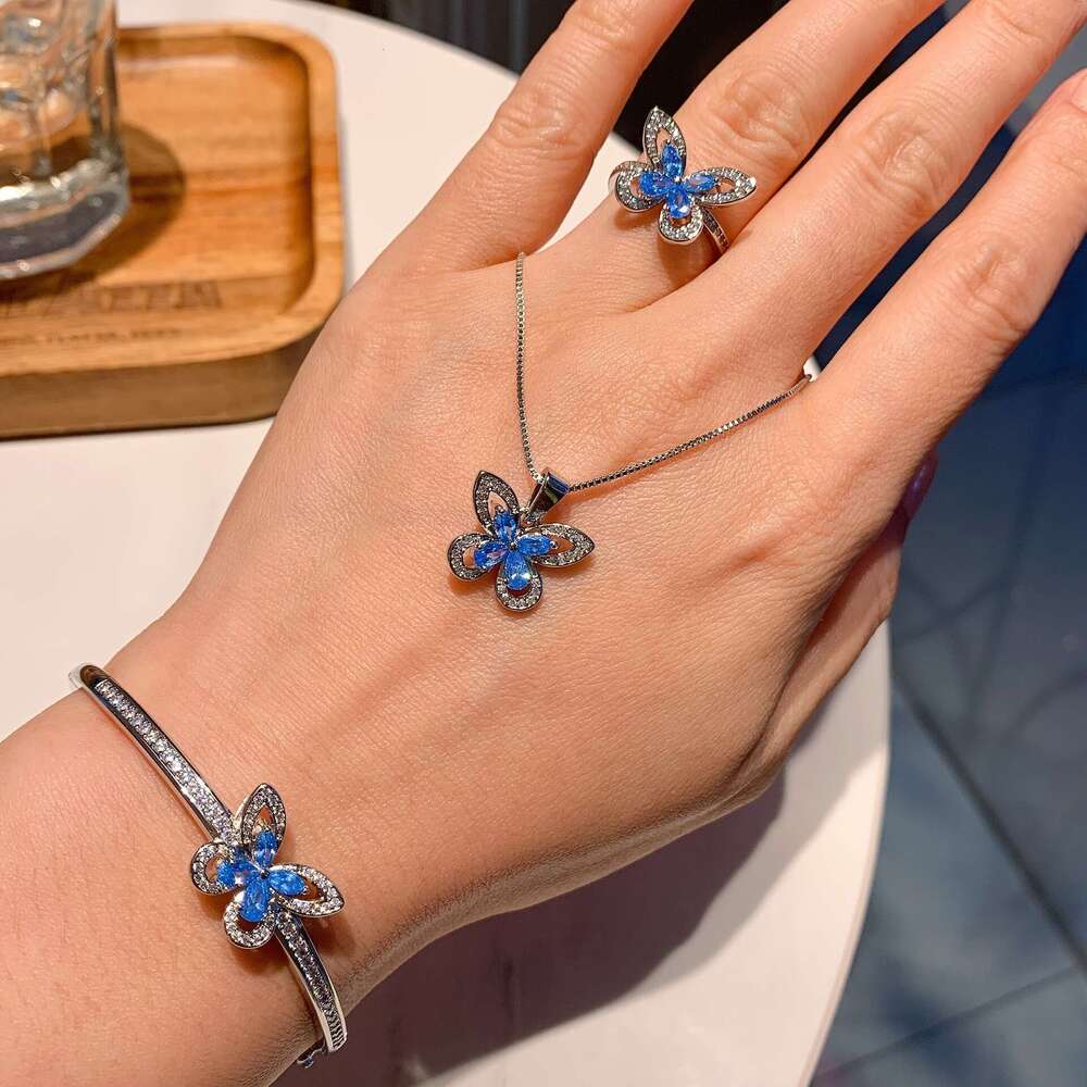 Douyin Live S Sier Needle Sea Blue Dia Butterfly Three-Piece Set Bracelet Necklace Ring Earrings Wedding Jewelry E03