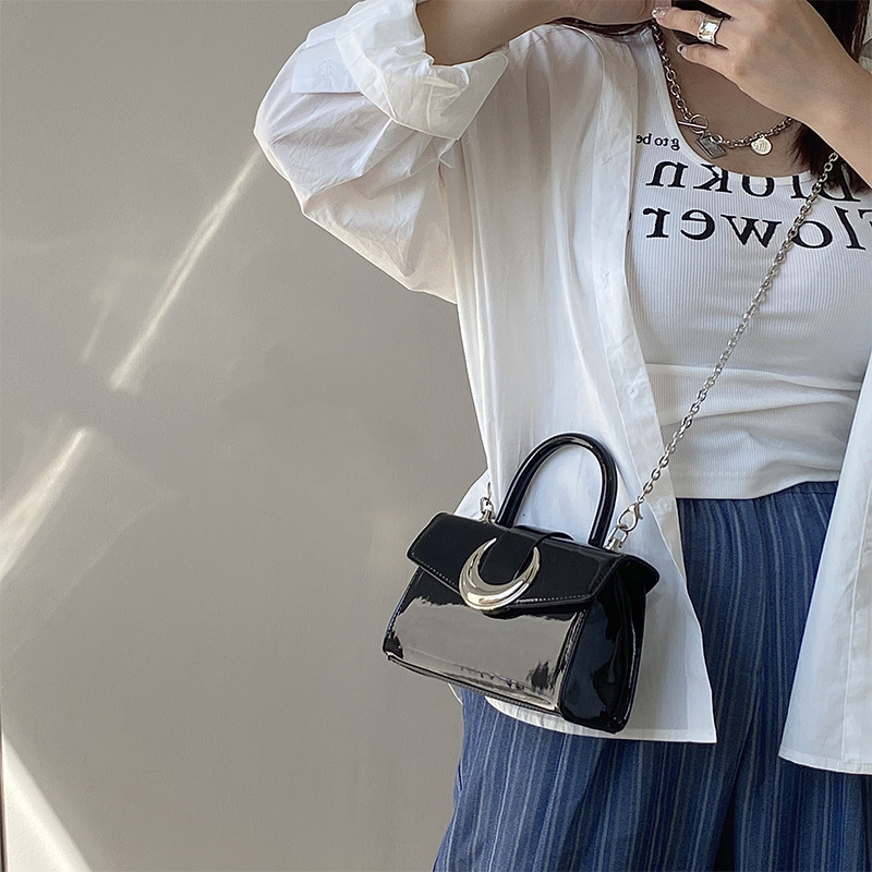 2025 Designer's New Solid Color Square Patent Leather Women's High-end Lock Month Bag Chain Shoulder Crossbody Bag