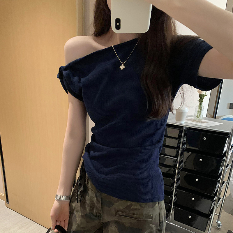 2025 Summer New Women's T-shirt Fashion Pure Desire Style Twisted Off Shoulder Short Sleeve Women's T-shirt Summer New Off Shoulder Top New 