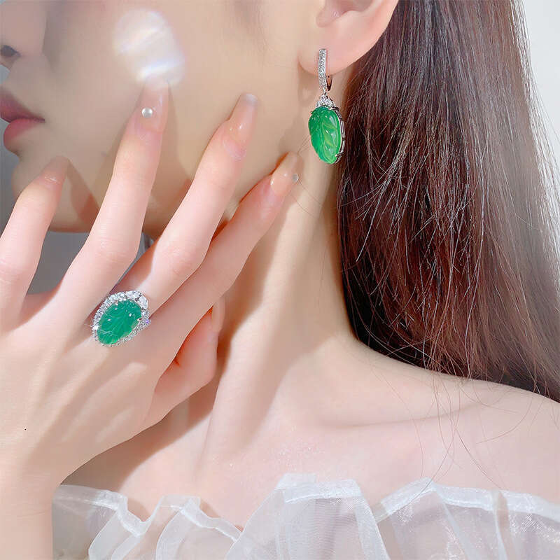 Huayoumei Jewelry Imitation Green Chalcedony Small Leaf Ring Earrings Women's Set 9C5