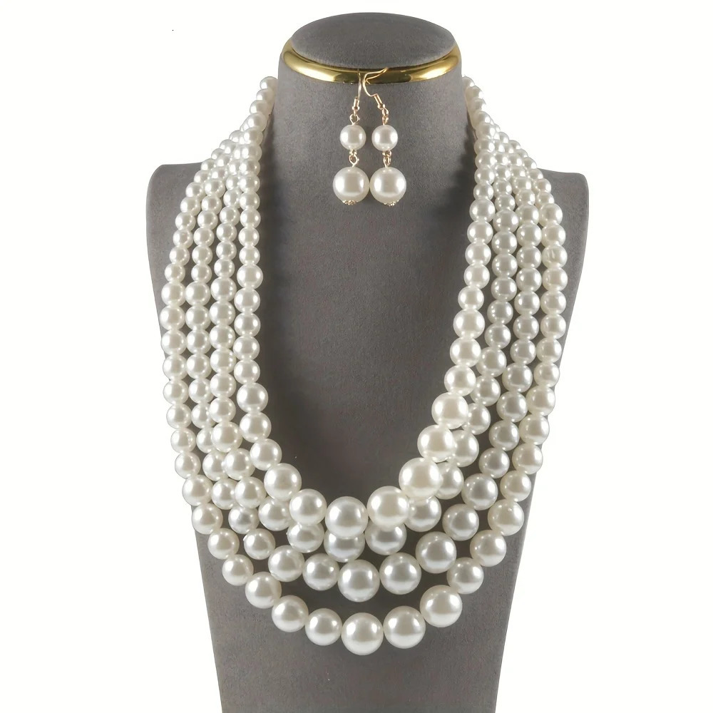 Vintage Baroque Style Round Pearl Necklace Dangle Earrings Jewelry Set Multi Strands Party Favors For Women 250704
