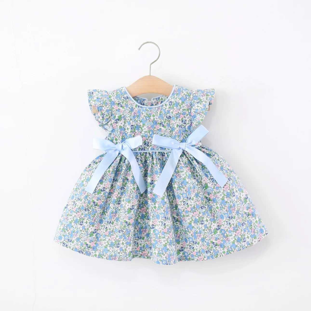 Summer New Blue Floral Baby Girl Dress Sweet Bow ChildrenS Sleeveless Clothes (9 Months - 4 Years Old) R250707