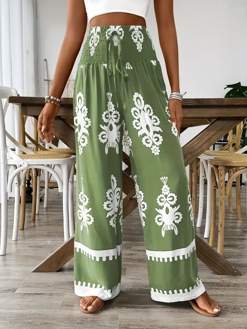 Plus Size 1XL5XL Women Fashion Floral Print Wide Leg Pants Female Casual Elegant Drawstring High Waisted Loose Long Trousers 250628