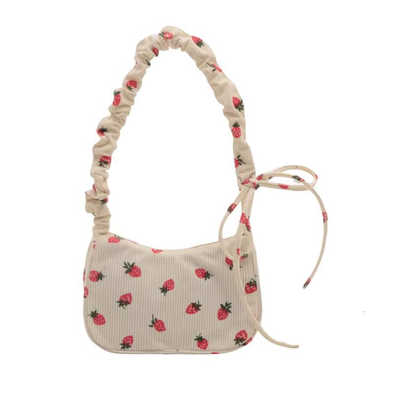 Women Small Underarm Bag Corduroy Handbag Cute Strawberry Print Little Tote Half Moon Design Eco Cloth Purse Mini Shoulder Bags ddmynov