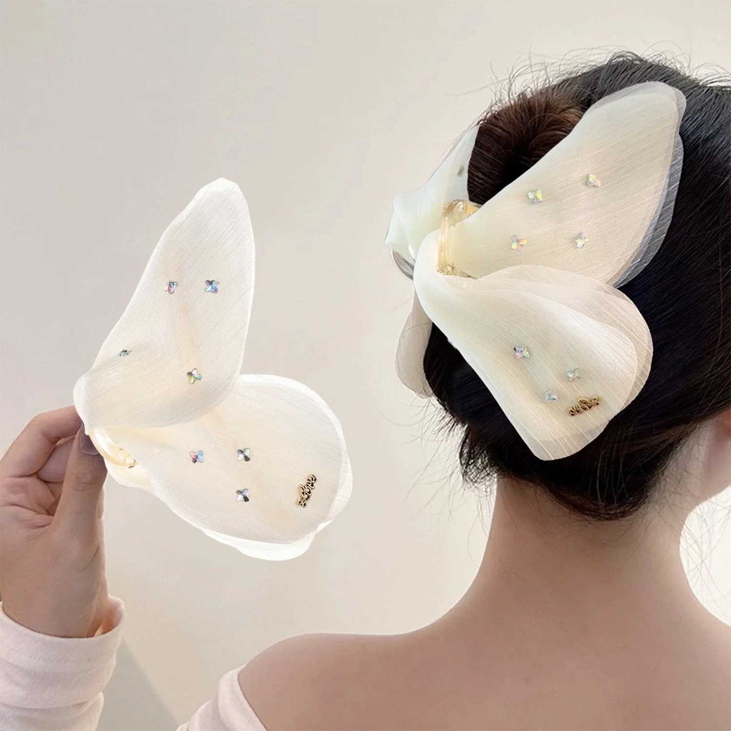 Large Size French Butterfly Knot Hair Claw Shiny Diamond Mesh Hair Clip Elegant Shark Clamp Womens Hair Accessories HairClaw Y250707