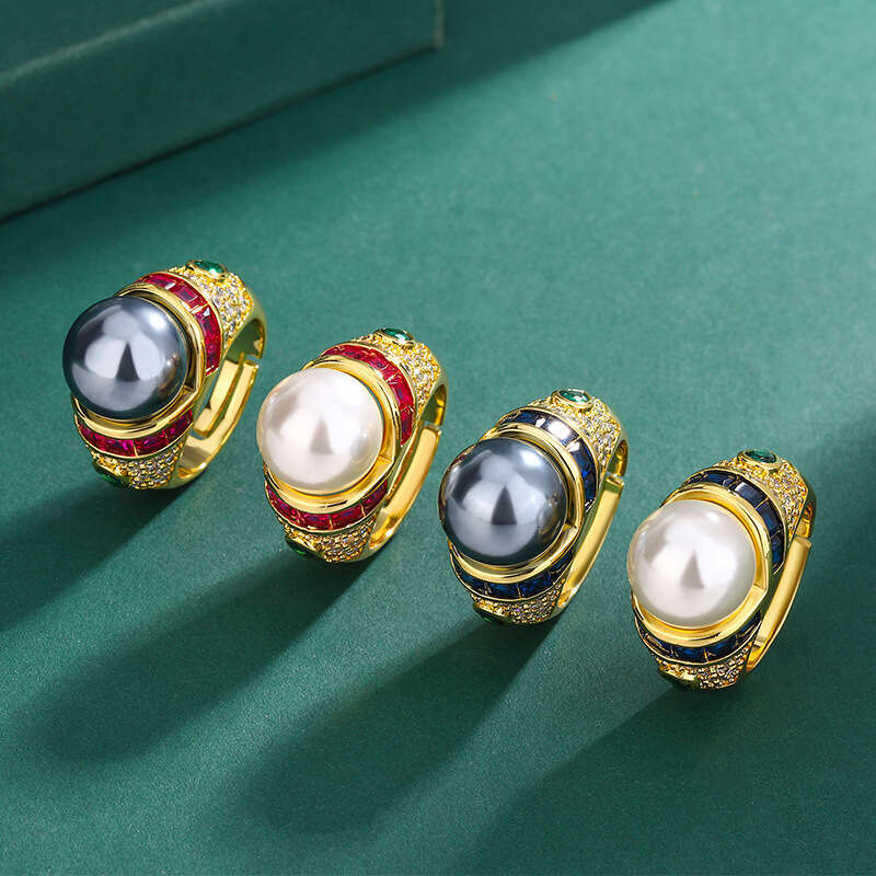 Huayoumei Gold-Plated Light Luxury Enamel Zircon Tahitian Gray Pearl Ring E2f