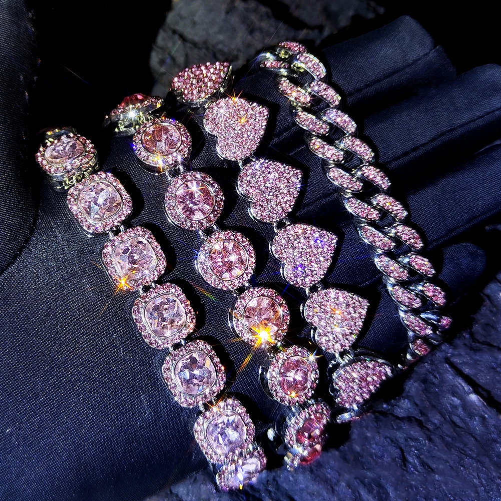 Iced Out Pink Cuban Bracelet for Women Hip Hop Gold Silver Color Crystal Heart Circle Square 4Pcs Set Jewelry Gift 250707
