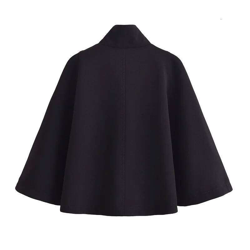 TRAF Black Cropped Cape Women's Autumn Winter Oversized Long Sleeve Short Cloak Outerwear Fashion Casual Elegant Coat