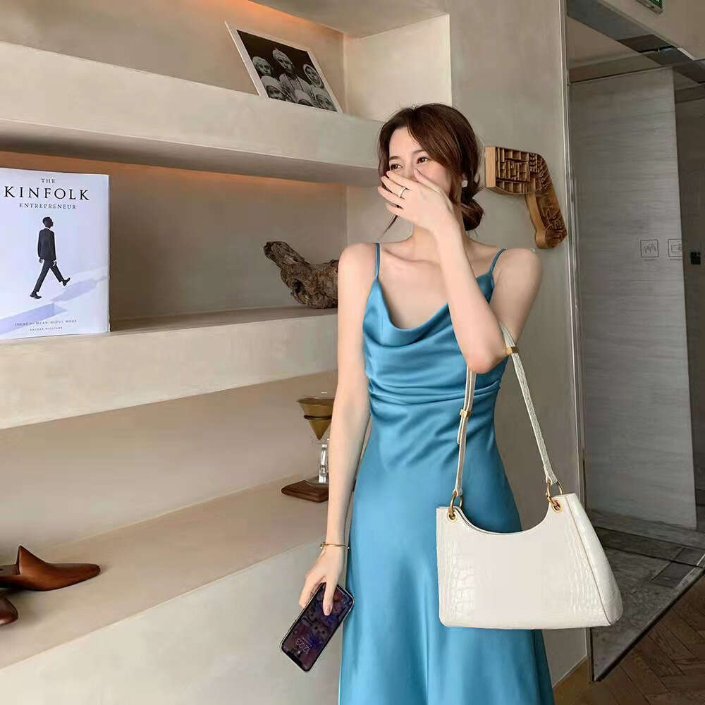 Summer Champagne Color Acetate Satin High-End Versatile Slimming Scoop Neck Gentle Style Strap Long Dress B5