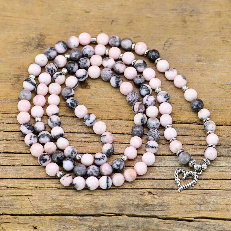 108 Healing Pink Zebra 8MM Boho Bracelet Handmade Natural Stone Beads Mala Necklace Wholesale