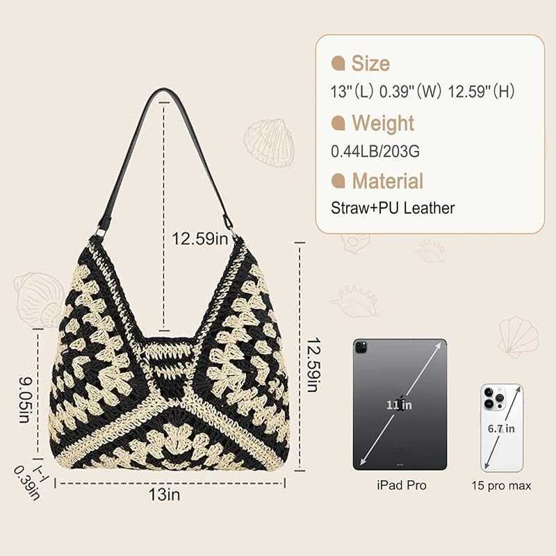 Hobo Beach Bag for Women Woven Tote Bag Summer Shoulder Bag Vintage Foldable Handbag for Travel Large Capacity