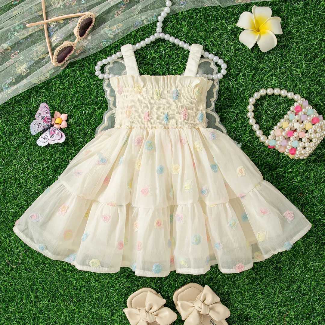 Baby Girl Clothing Summer Butterfly Wings Floral Pattern Halter Mesh Puffy Baby Dresses Cute Casual Baby Girl Dress R250707